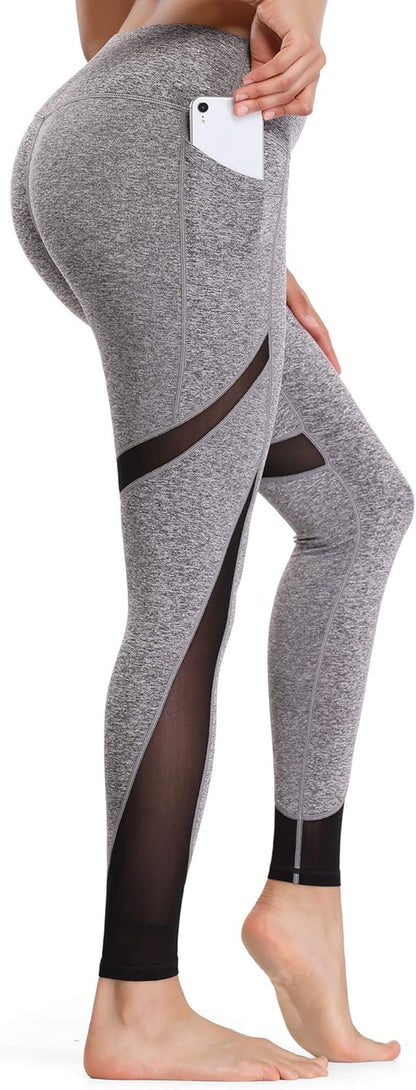 Women'S Mesh Yoga Leggings with Side Pockets Tummy Control Workout Running Capris High Waist Yoga Pants